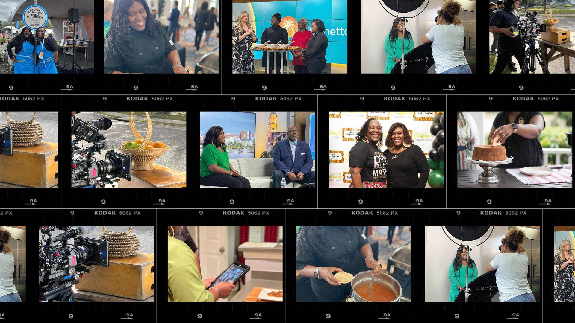Collage of event photos showing people filming, speaking, and working indoors and outdoors.