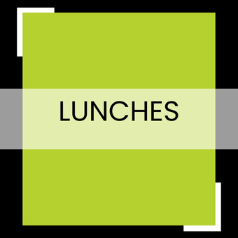 Lime-green square with a pale band reading “LUNCHES” in black text