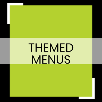 Themed menus title on a lime-green square with white and gray background accents.