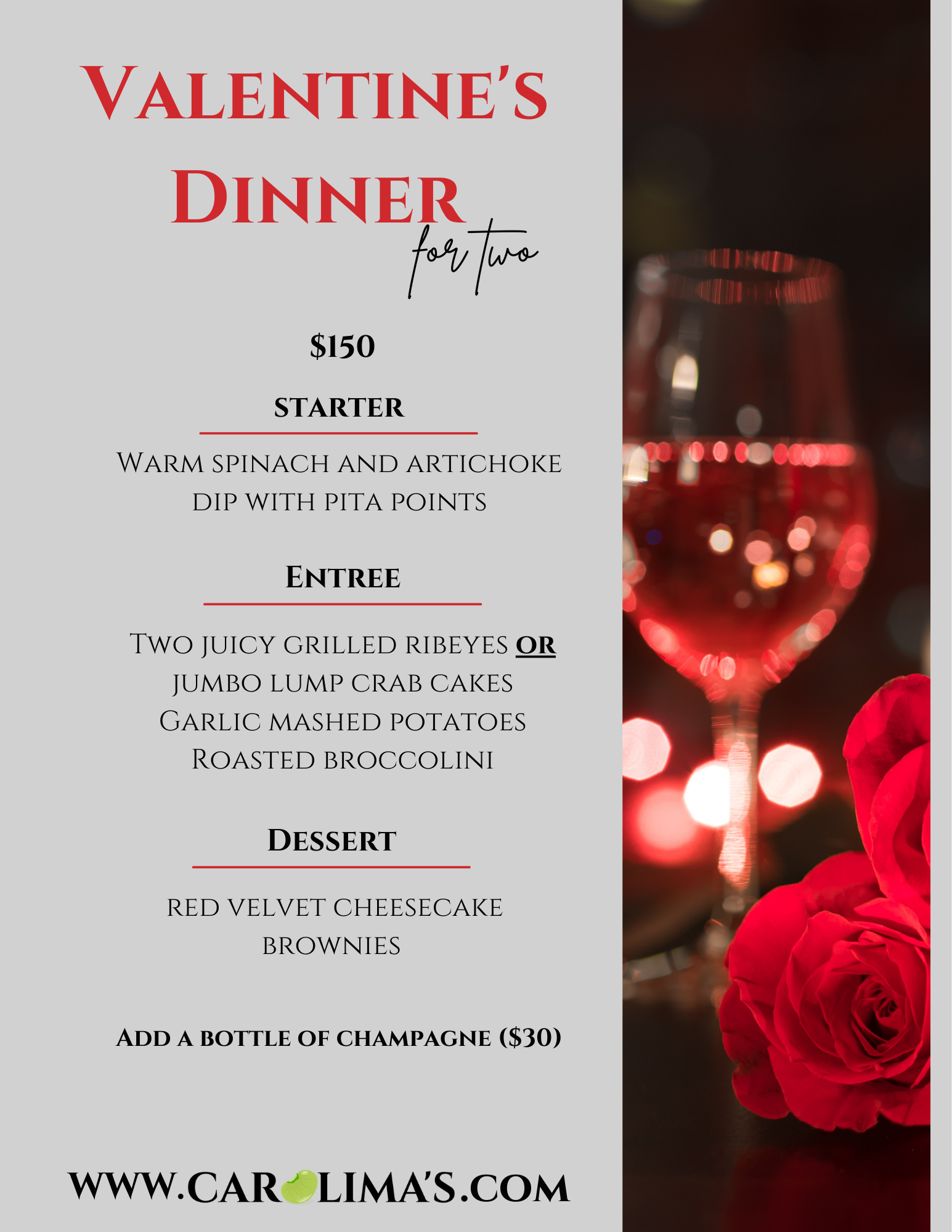 Valentine’s dinner flyer with red roses, wine glasses, and a three-course menu