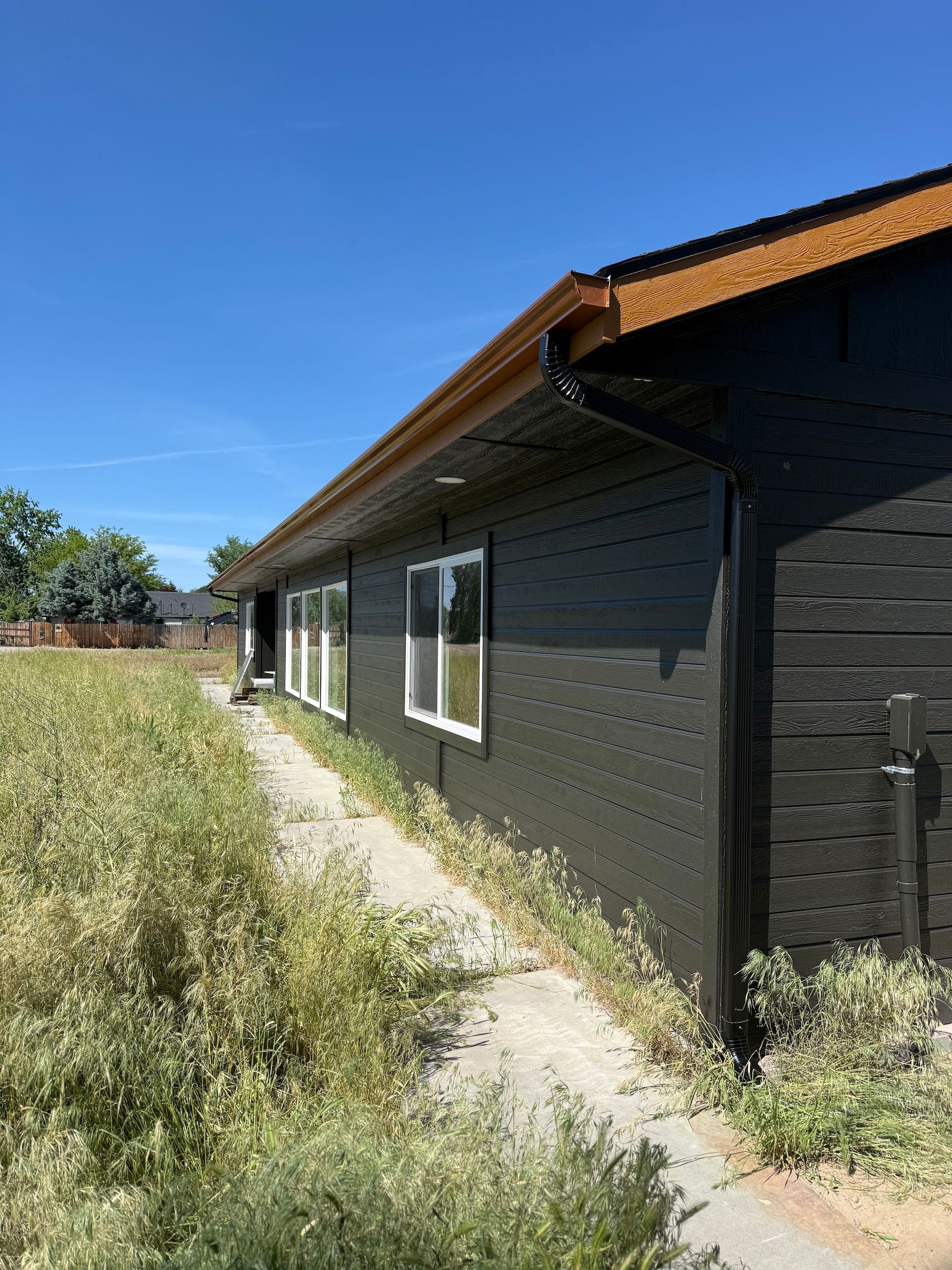 Black building with white windows beside an overgrown path under a clear blue sky