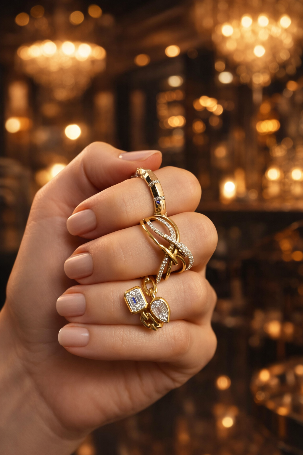 Hand holding two gold rings with diamonds against a warm, blurred chandelier-lit background