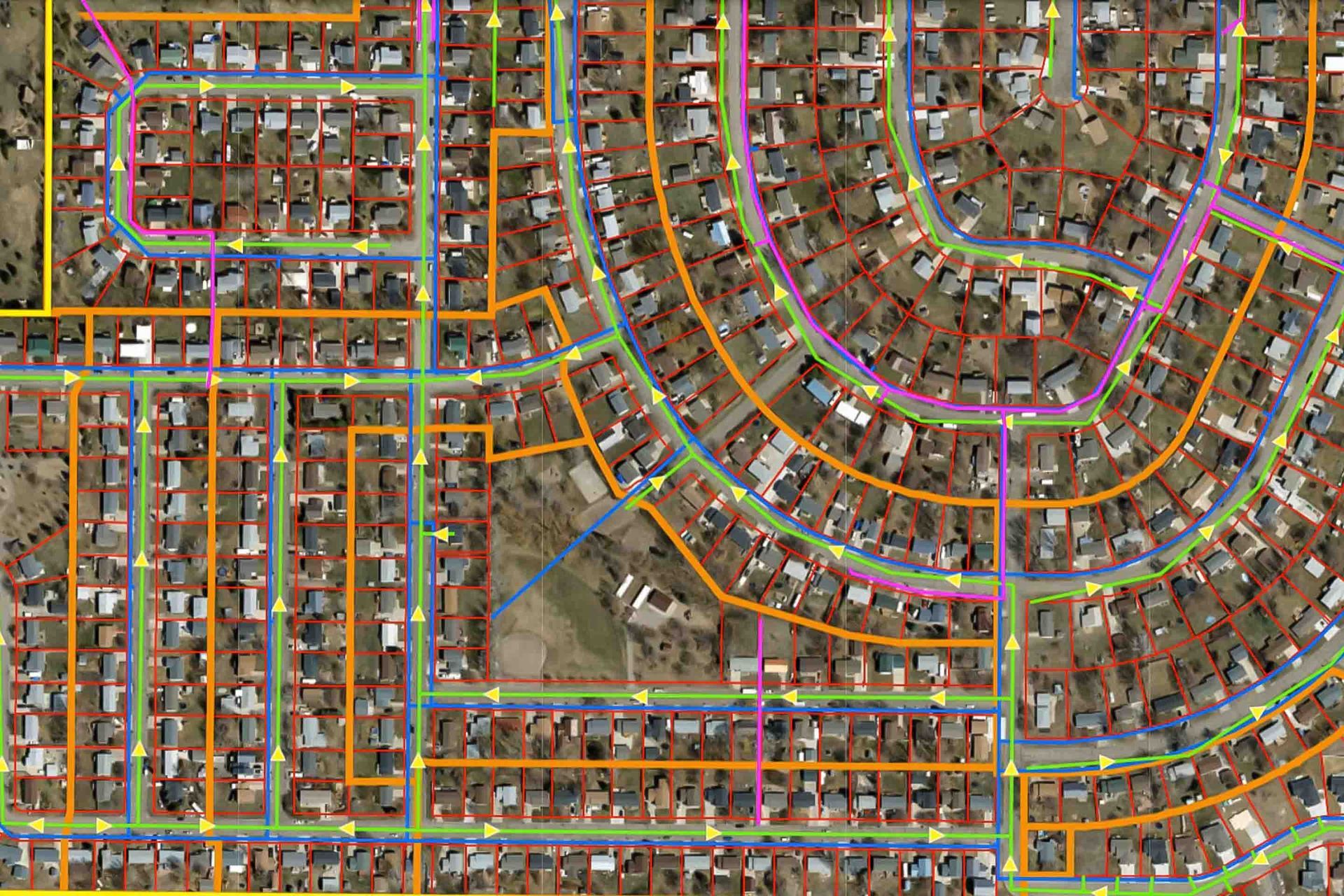 Overhead view of a suburban neighborhood with colorful lines overlaid on roads, likely representing utilities or services.