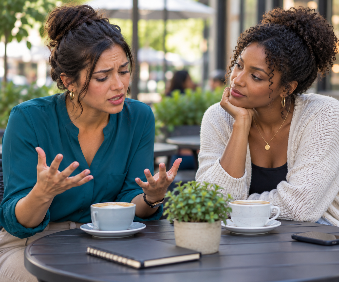 A frustrated woman discusses her struggles with organization and task initiation. Her friend listens
