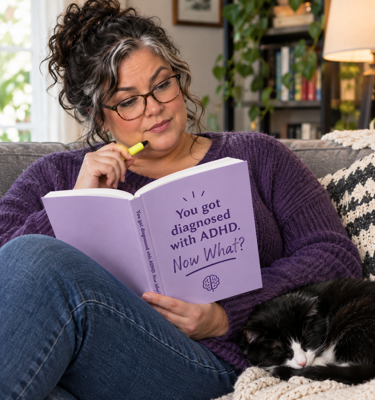 Woman in her 40s reading a book about being diagnosed with ADHD while her cat sleeps
