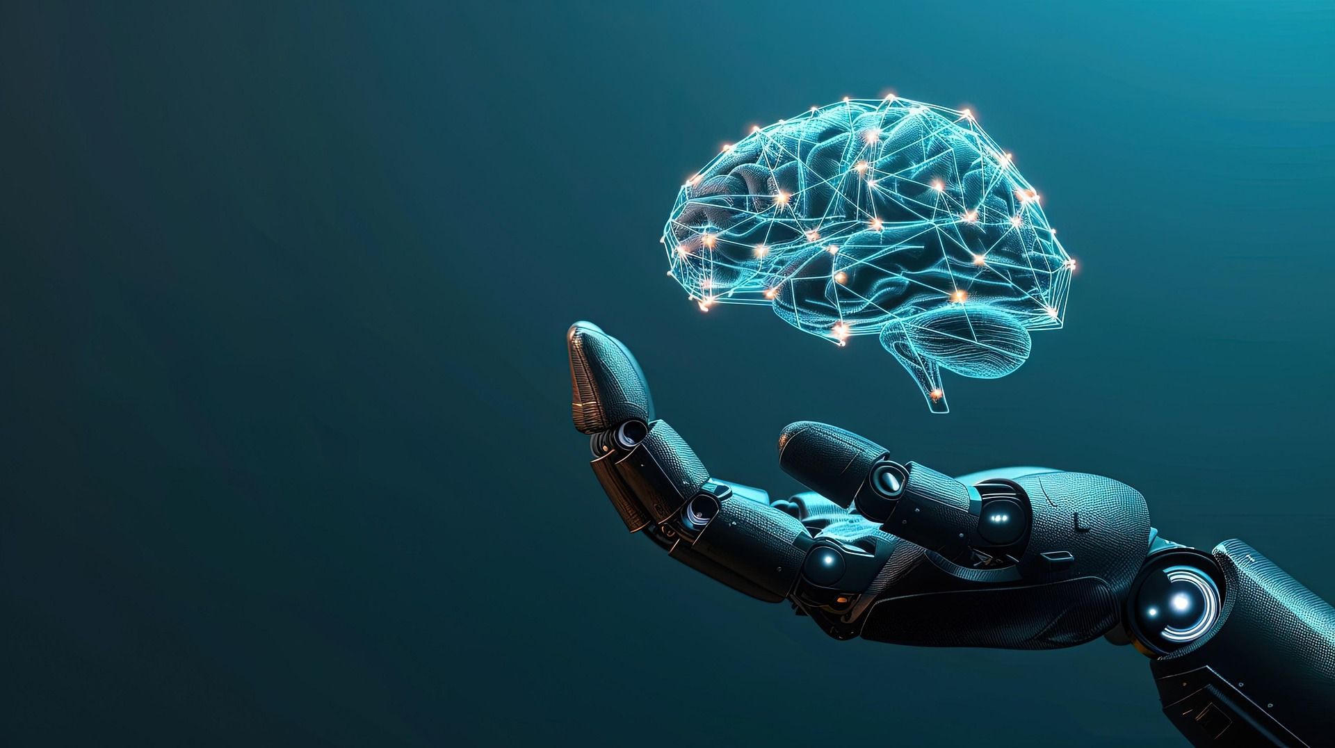 Robotic hand cradling a glowing neural brain, illustrating the AI and OCD thinking parallel