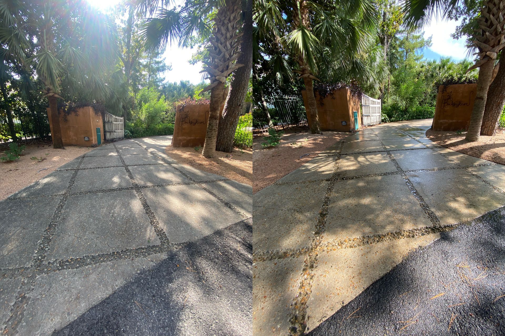 A before and after picture of a concrete driveway.