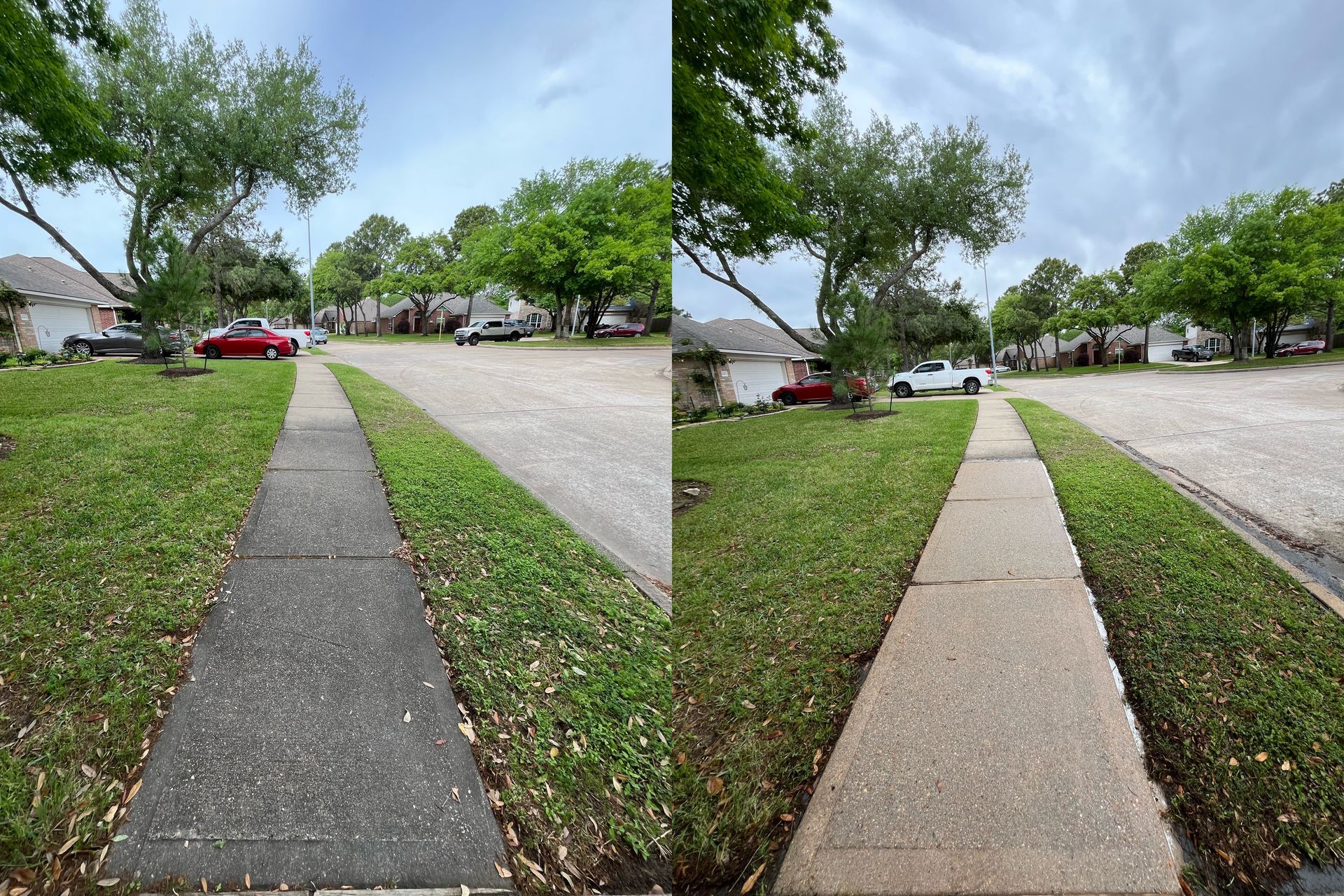 A before and after picture of a sidewalk in a residential neighborhood.