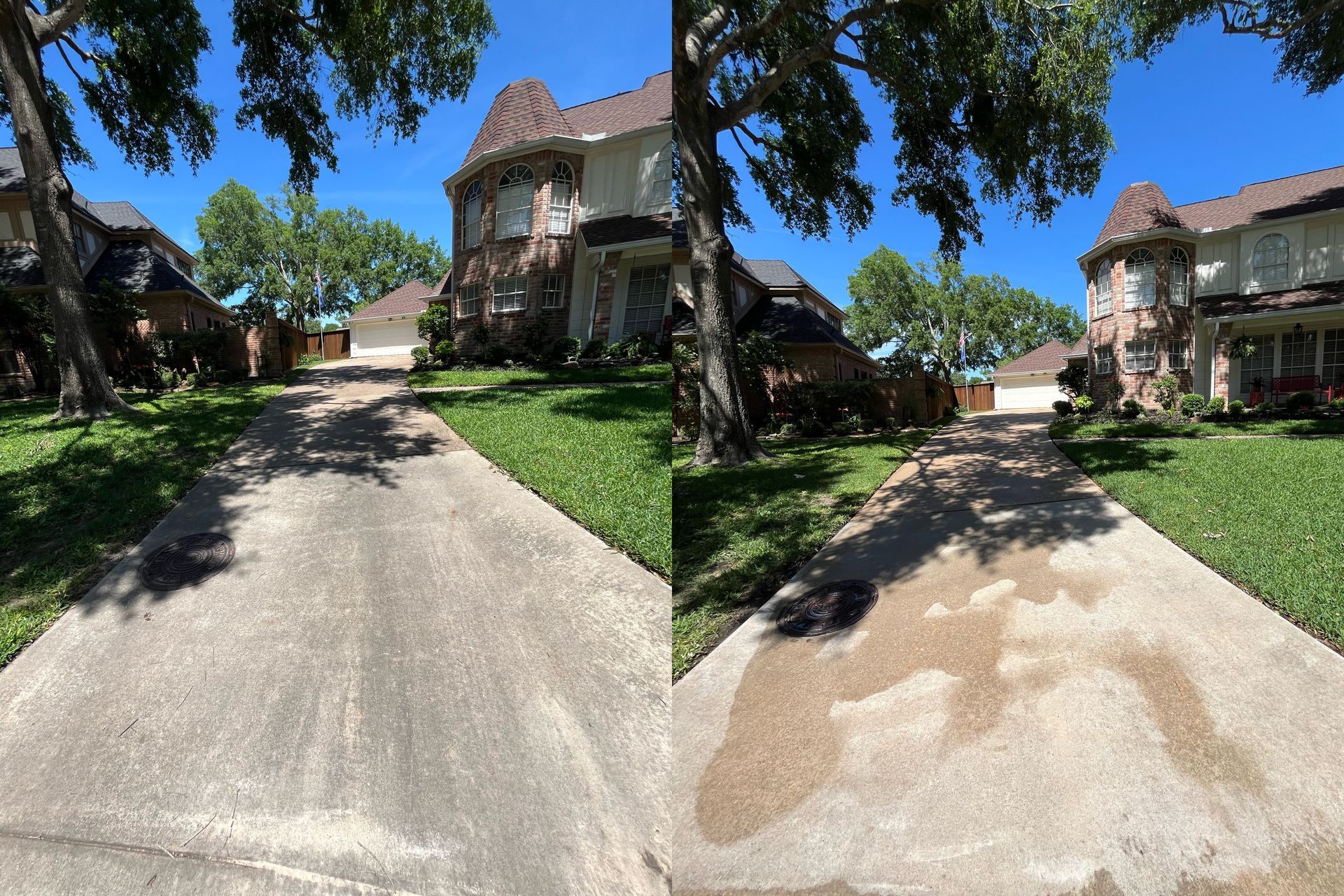 A before and after photo of a driveway in front of a house.