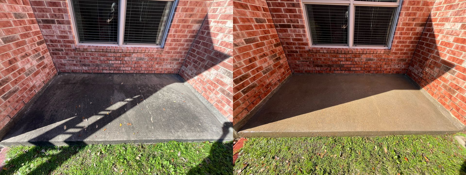 A before and after photo of a concrete patio in front of a brick building.