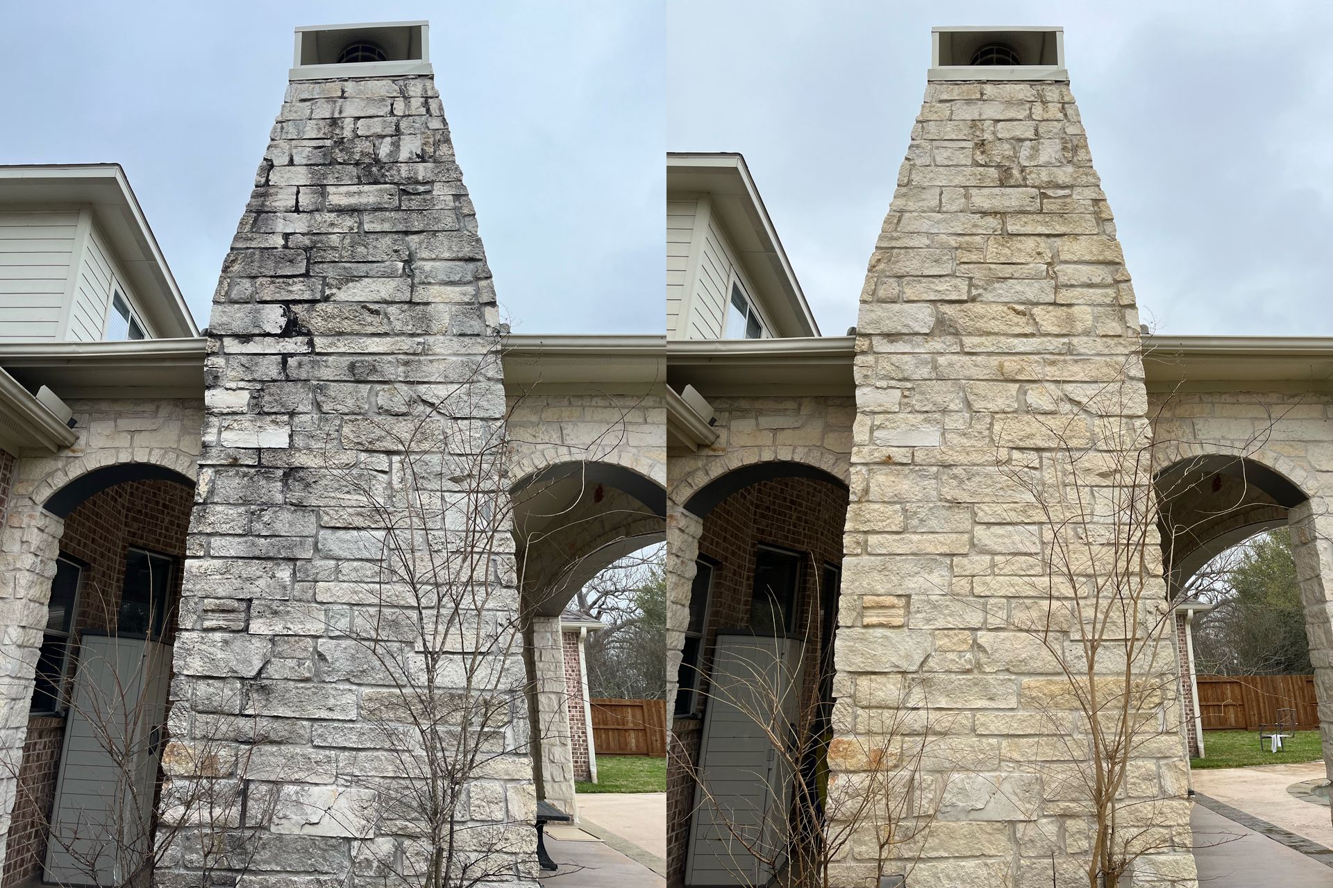 A before and after picture of a brick chimney on a house.