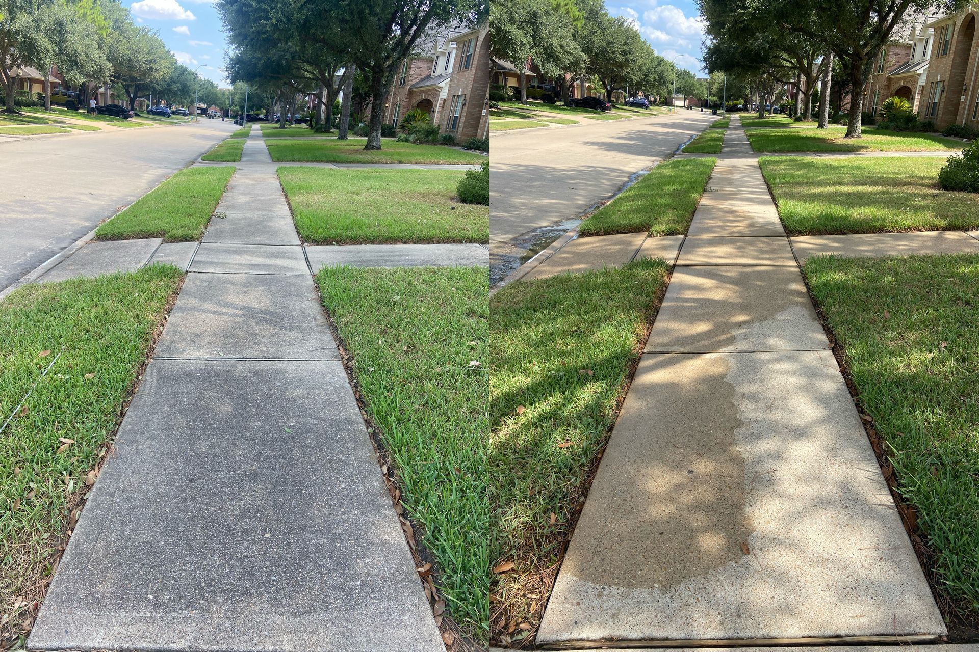 A before and after picture of a sidewalk in a residential neighborhood.