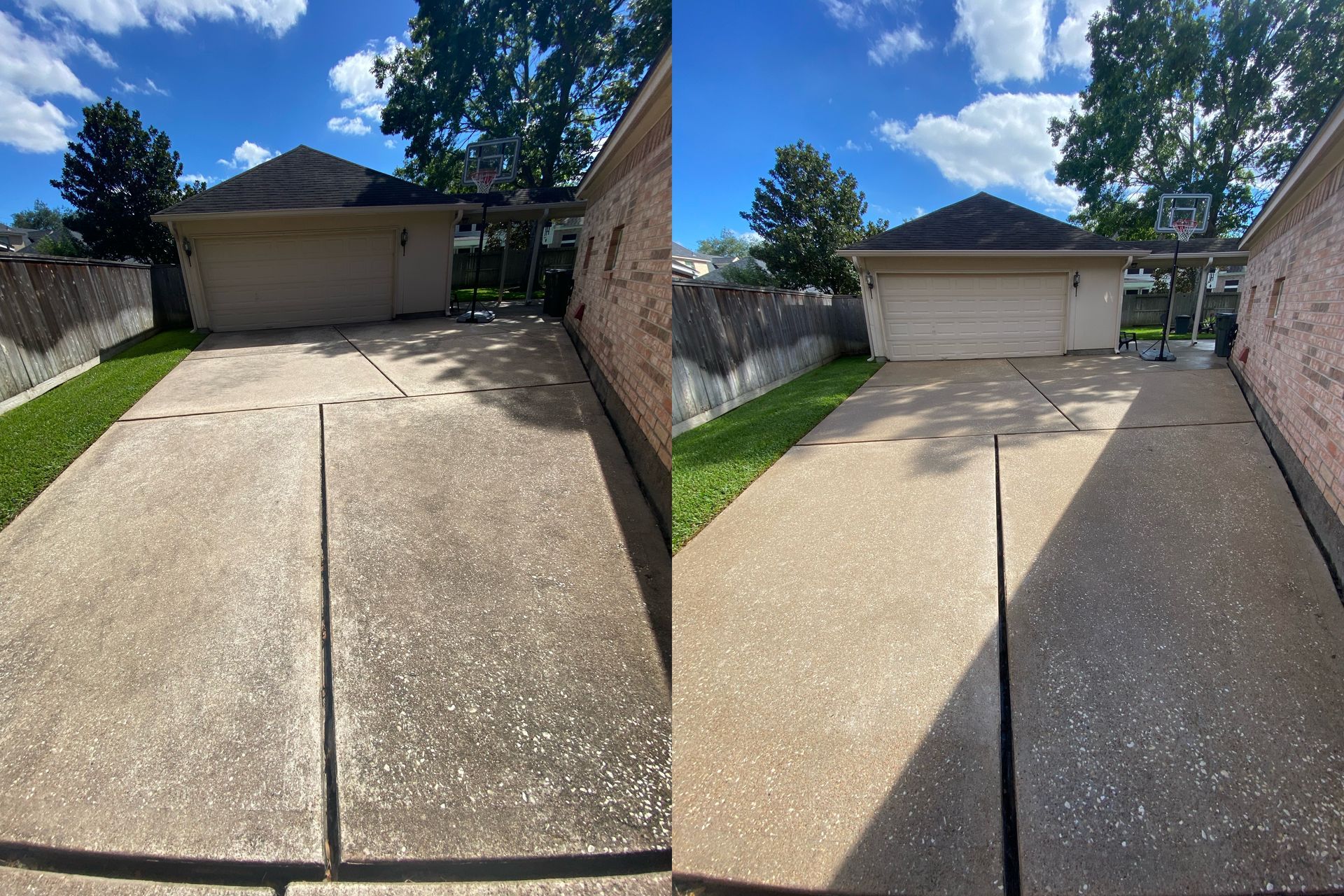 A before and after photo of a concrete driveway in front of a house.