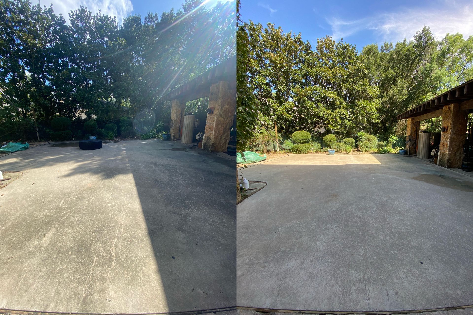 A before and after photo of a driveway with trees in the background.