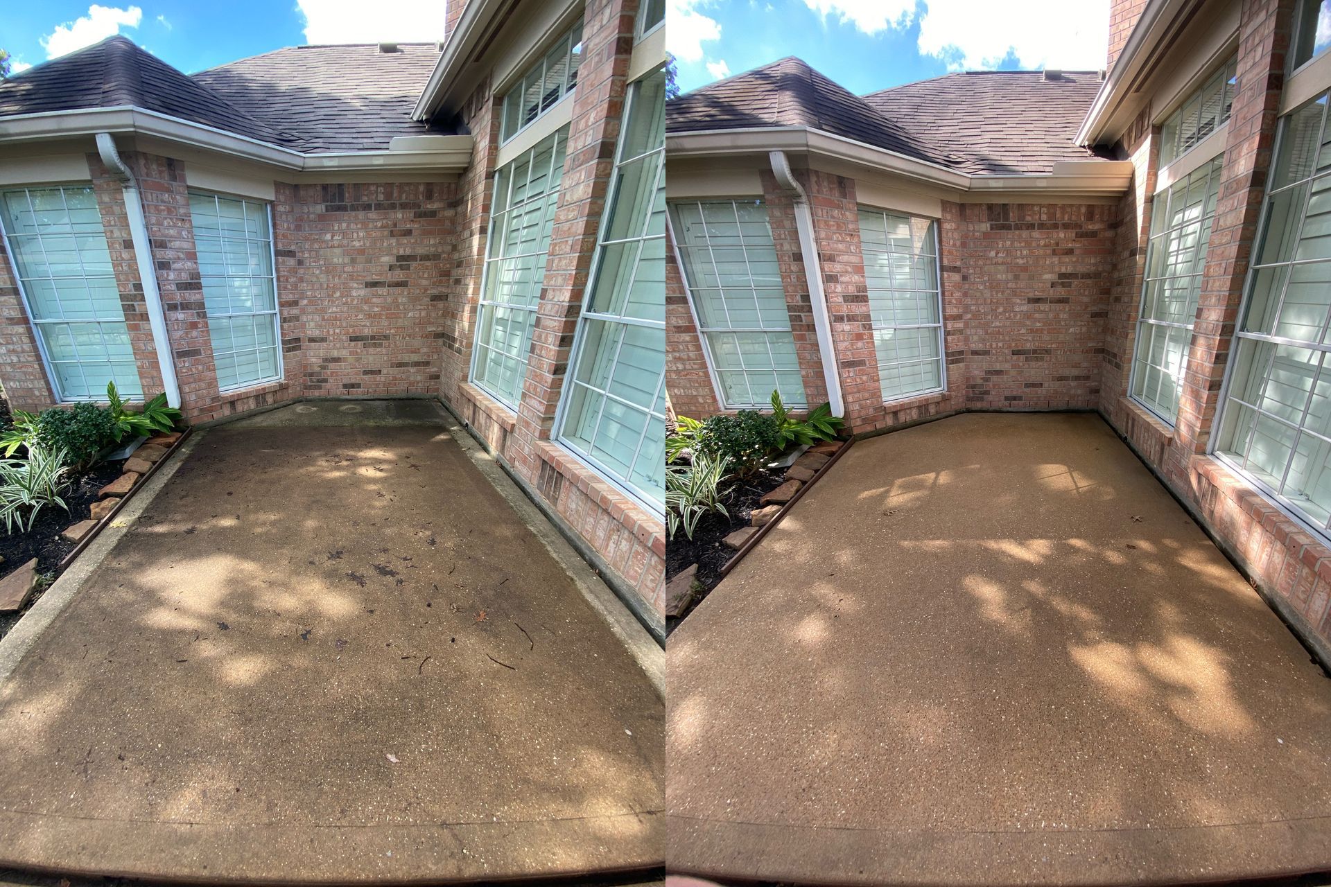 A before and after photo of a concrete patio in front of a brick house.