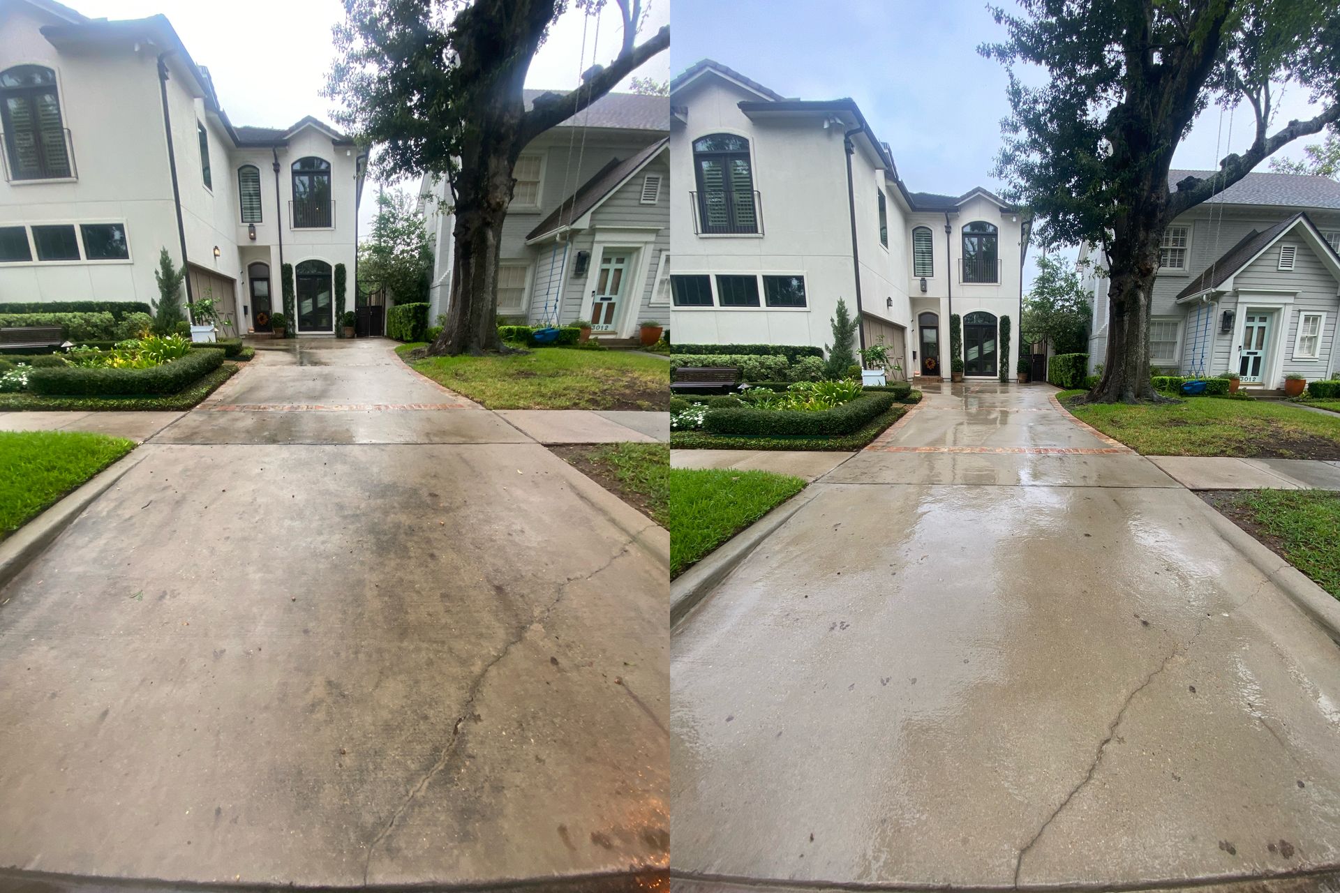 A before and after photo of a driveway in front of a house.