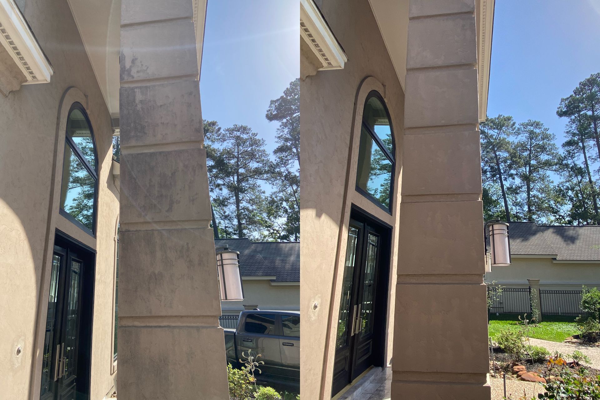 A before and after picture of a house with a pillar and a door.