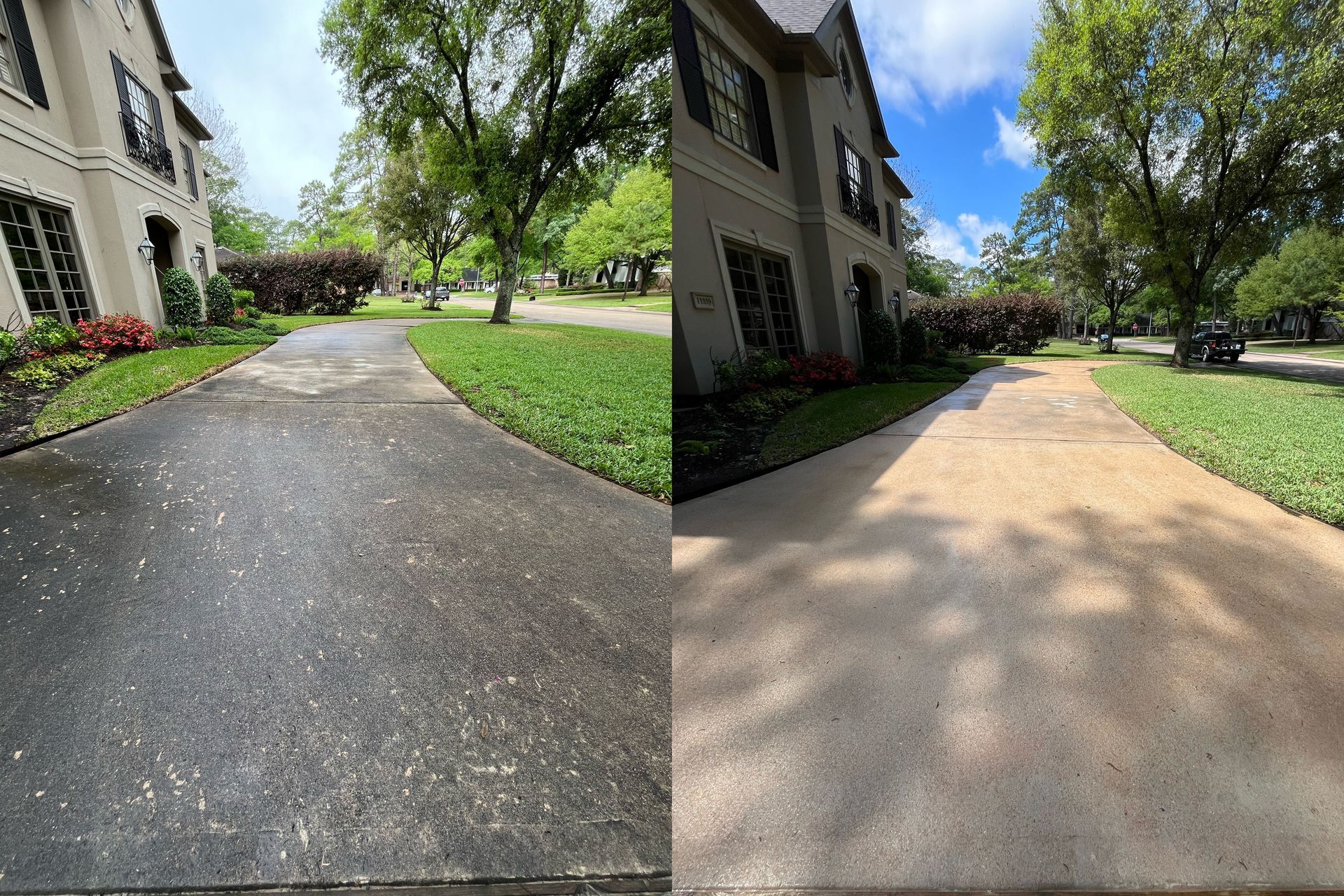 A before and after photo of a driveway that has been pressure washed.
