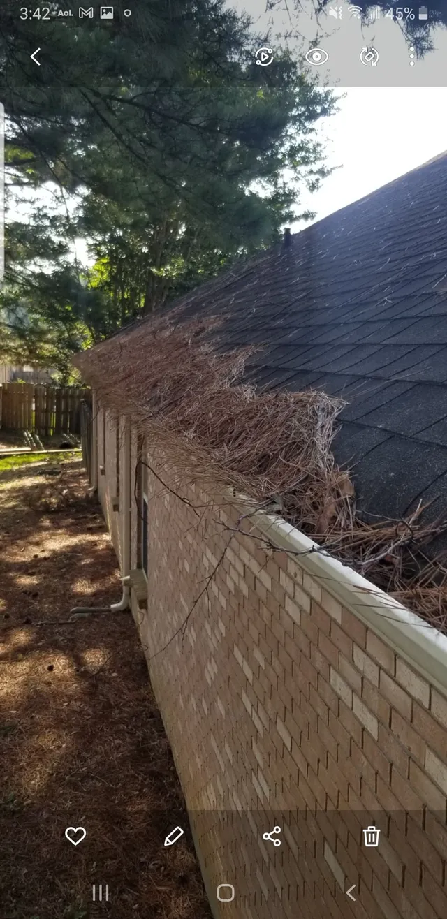 A building with a brick wall and a roof covered in debris. A tree is in the background.