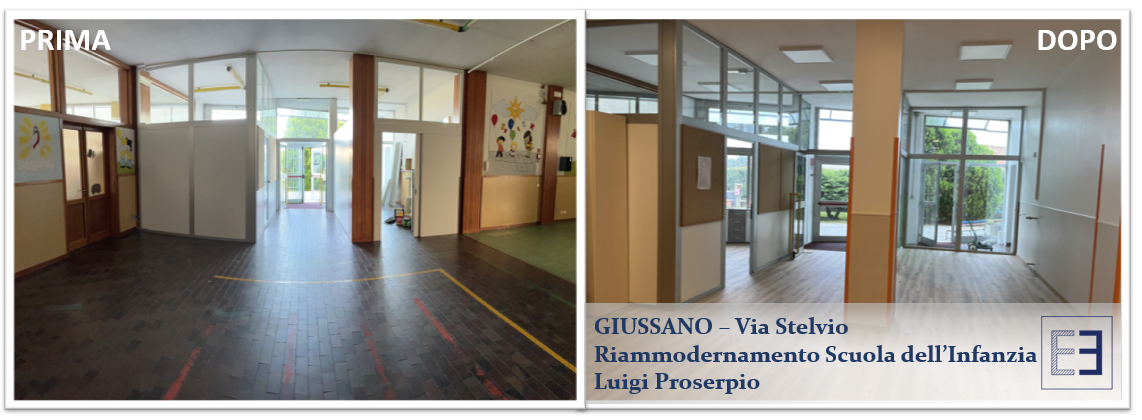 Ampia veduta di una tranquilla hall interna con pavimenti scuri, porte a vetri, finiture in legno e segnaletica a parete.