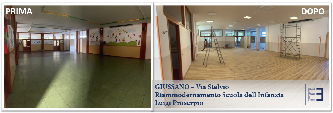 Immagine prima e dopo di un corridoio interno ristrutturato, con pareti verdi a sinistra e un luminoso atrio piastrellato a destra.
