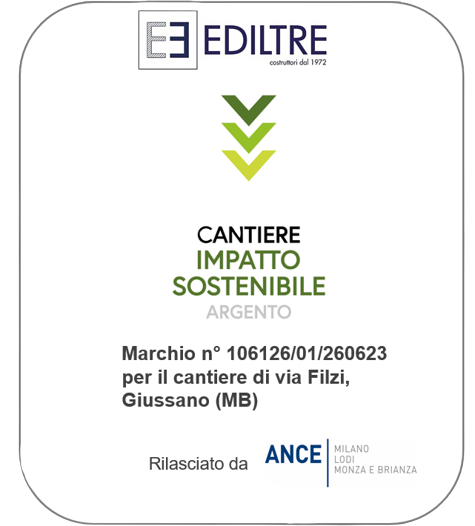 Targa di certificazione verde per un cantiere edile sostenibile realizzata da EDILTRE, logo ANCE, a Giussano, Italia.