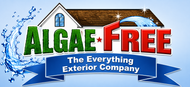 Algae-Free Roof Cleaning logo with a house roof and bold green and red text.