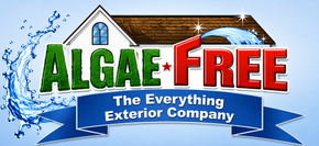 Algae-Free Roof Cleaning logo with a house roof and bold green and red text.
