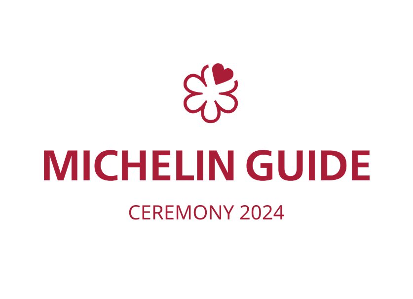 Michelin Guide Ceremony 2024 logo with red text and a flower emblem.