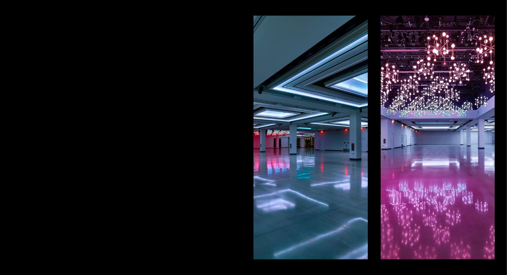 A large empty room with a lot of lights on the ceiling