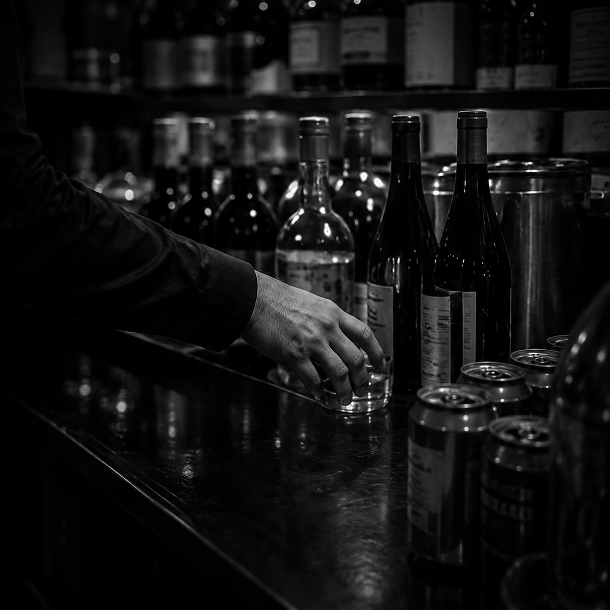 A hand reaches for glasses among liquor bottles on a dark bar shelf.