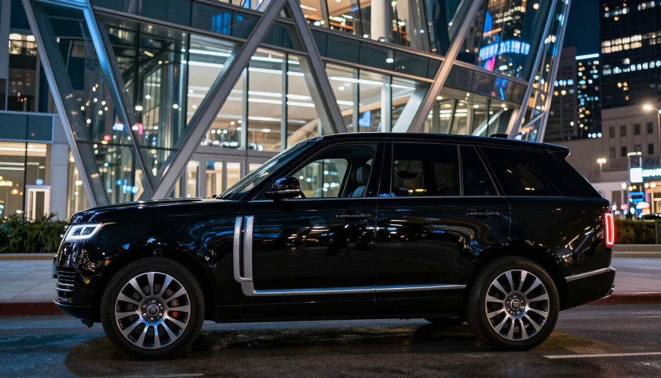 photorealistic luxury black SUV parked in front of a modern Chicago architectural building with city lights in the background