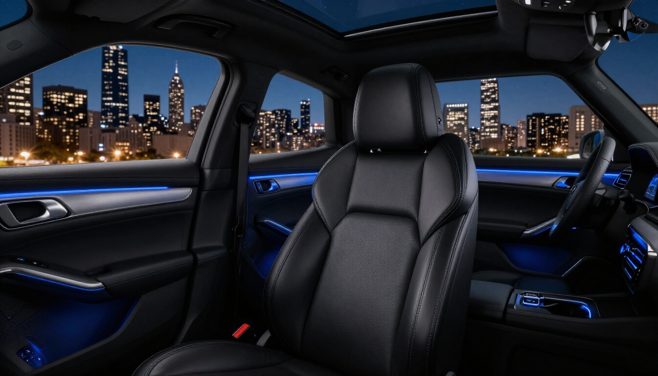 photorealistic luxury car interior with ambient blue lighting leather seats and a view of the Chicago skyline through the window