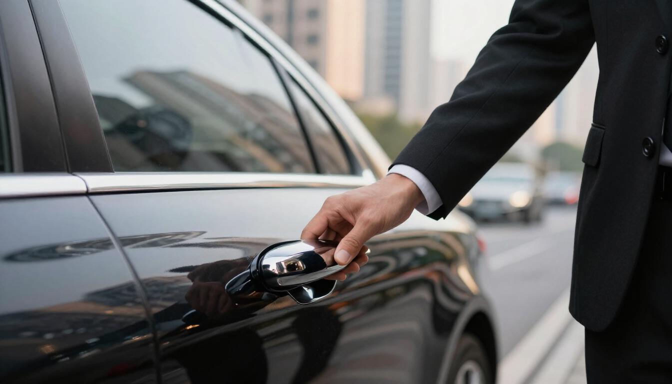 photorealistic close up of a professional chauffeur in a suit holding open the door of a black luxury car with a blurred city background
