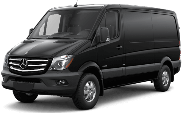 Black Mercedes-Benz Sprinter van, parked on a paved surface, side view.