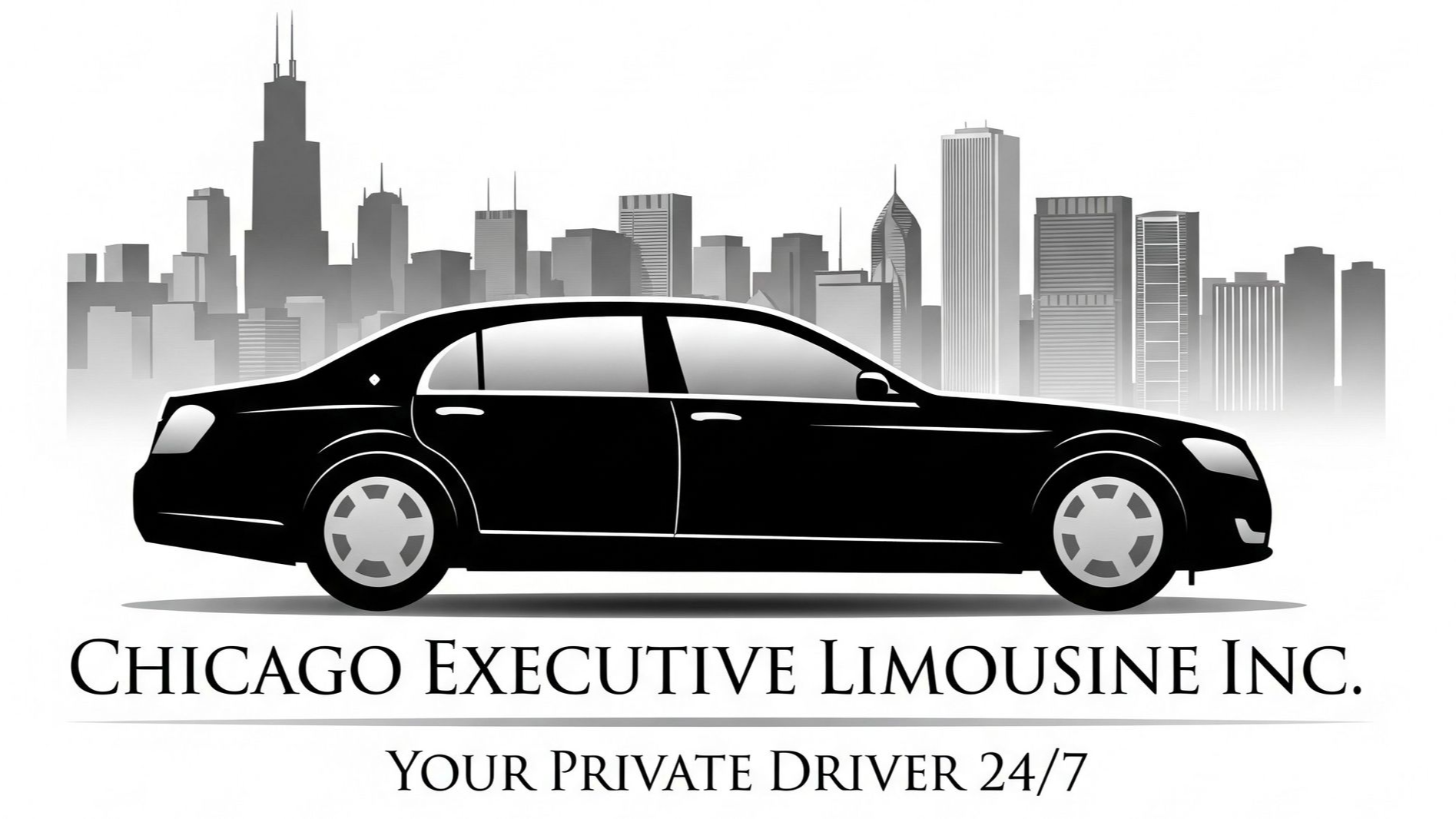 Black sedan in front of a Chicago skyline, "Chicago Executive Limousine Inc." and "Your Private Driver 24/7."