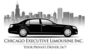 Black sedan in front of a Chicago skyline, "Chicago Executive Limousine Inc." and "Your Private Driver 24/7."