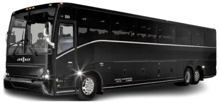 Black charter bus on a white background with a curved white stripe.
