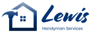 Logo for Lewis Handyman Services featuring a dark blue house outline integrated with a hammer and the company name.