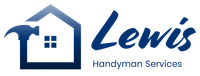 Logo for Lewis Handyman Services featuring a dark blue house outline integrated with a hammer and the company name.