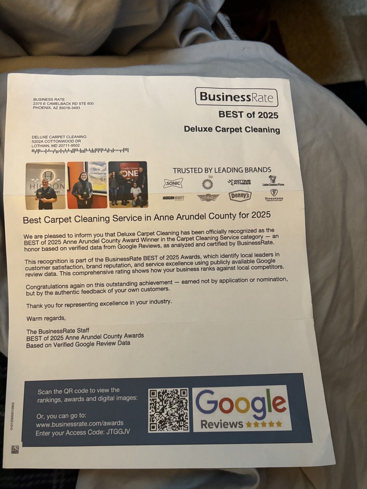 Printed business letter about CCTV services, with Google Review QR code at the bottom.