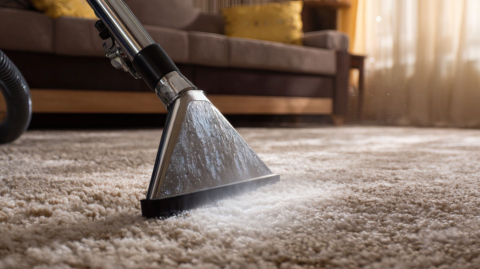 Carpet cleaning machine working on soft living room rug.