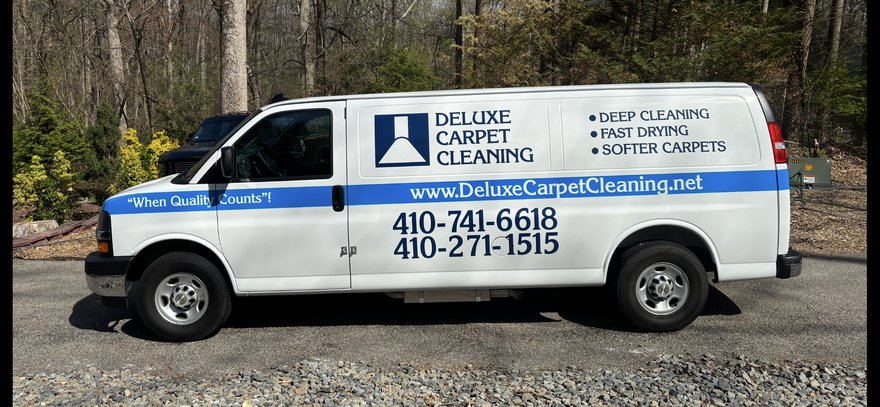 White cleaning service van with blue stripe and company phone numbers parked outdoors in a wooded area