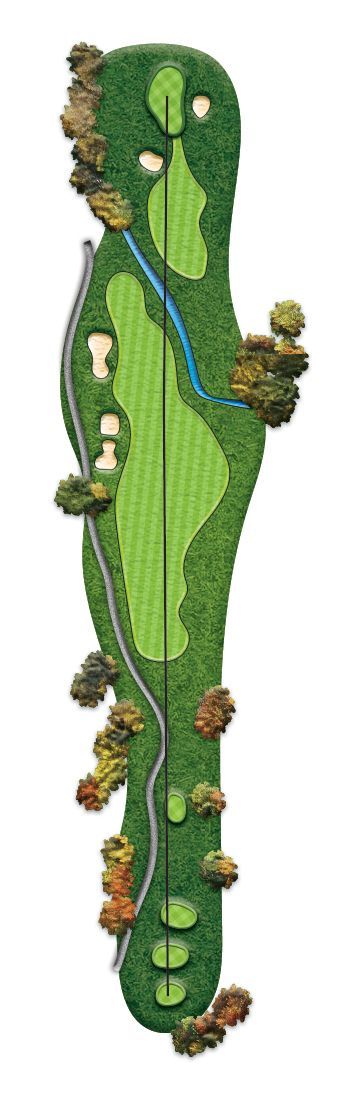 A picture of a golf course with trees and a road.