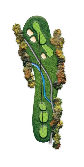 A picture of a golf course with trees and a road.