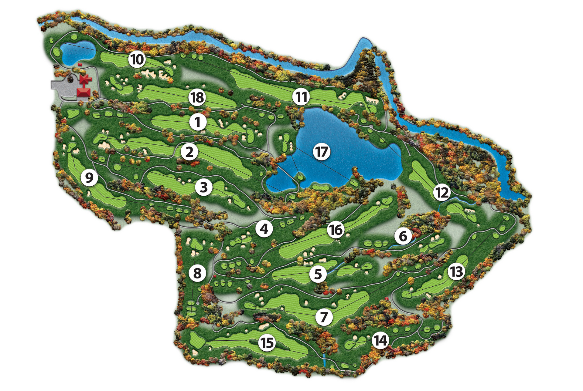 A map of a golf course with a lake in the middle