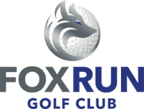 A logo for fox run golf club with a fox and a golf ball.
