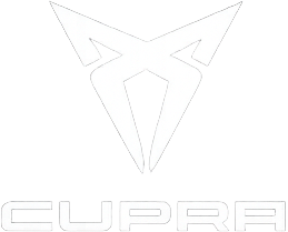 Logo e marchio denominativo Cupra in bianco su sfondo chiaro.