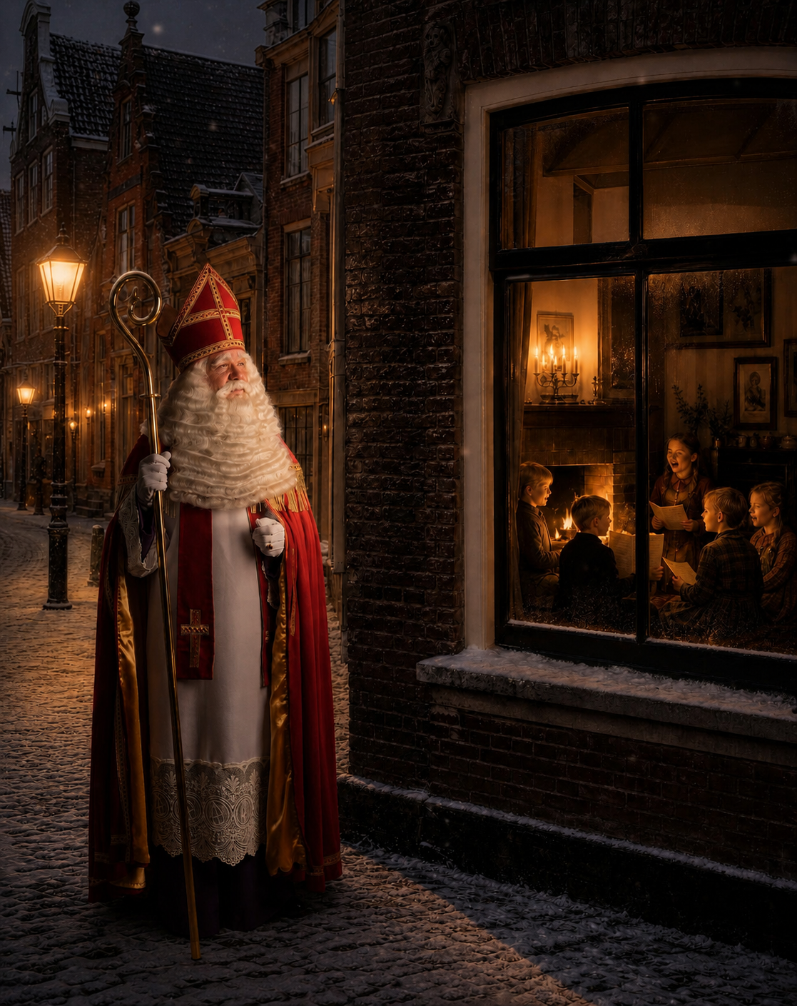 De Kerstman staat 's nachts in een besneeuwde straat naast een warm verlicht raam.
