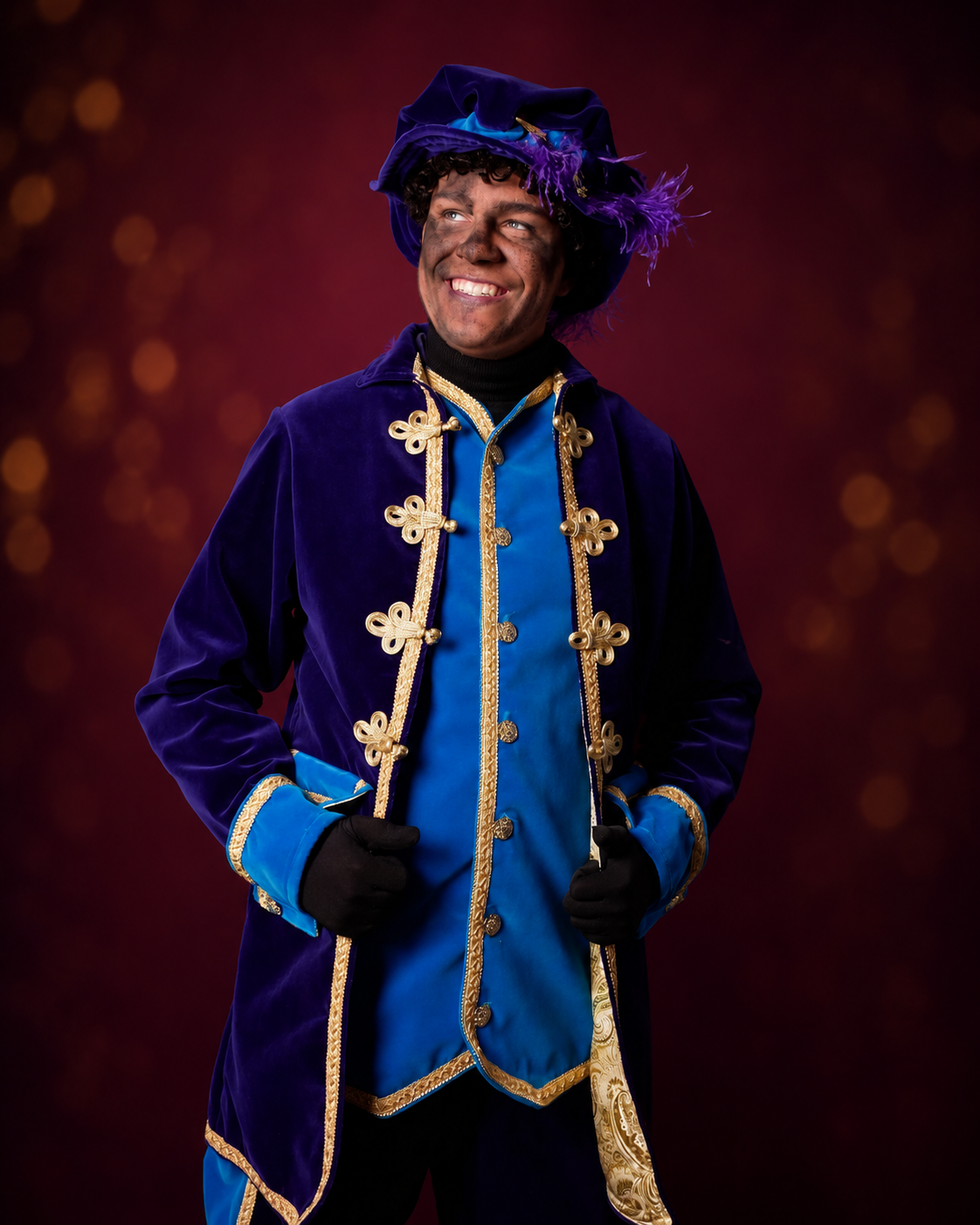 Een lachende artiest in een blauw-goudkleurig fluwelen kostuum met een gevederde hoed, tegen een bordeauxrode achtergrond.